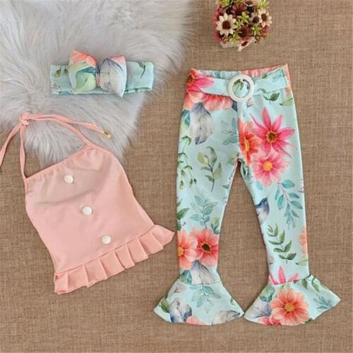 Toddler Baby Girls Summer Outfits 3pcs Suit Kids Halter Bandage Single Breasted Sleeveless Tank Tops+Floral Flare Long Pants