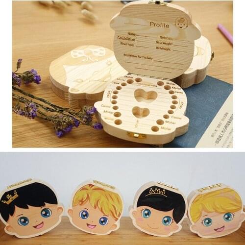 Baby Wood Tooth Box Organizer Milk Teeth Storage Language Spain English Collect Teeth Umbilica Save Gifts Baby Tooth Box