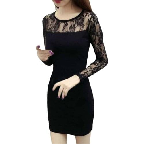 Sexy Ladies Lace Sleeve Hollow Out Straight Mini Dress Summer Feminino Long sleeve O-Neck Dresses Temperament Slim Fit Vestidos