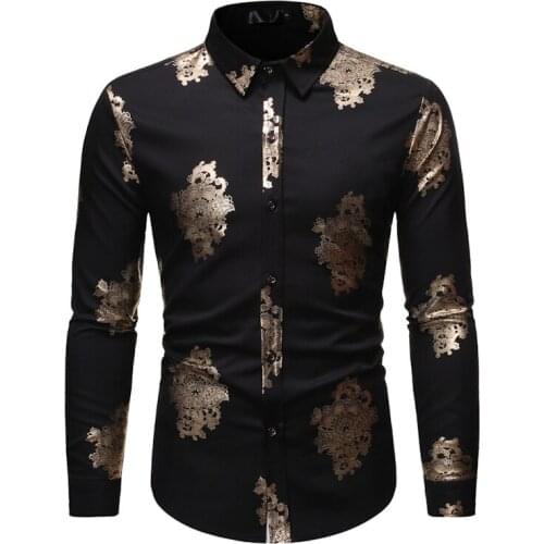 Black Wedding Groom Shirt Men 2020 Stylish Gold Floral Bronzing Mens Dress Shirts Casual Button Down Long Sleeve Chemise Homme
