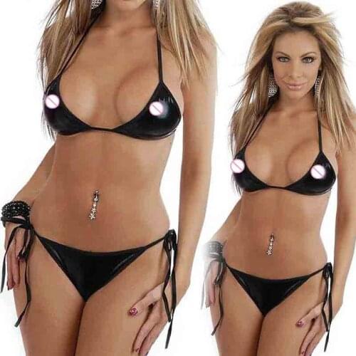 Sexy Wild Black Pvc Leather Womens Exotic Sets Lingerie Temptation Underwear Babydoll Sleepwear G-string Summer Swimsuits