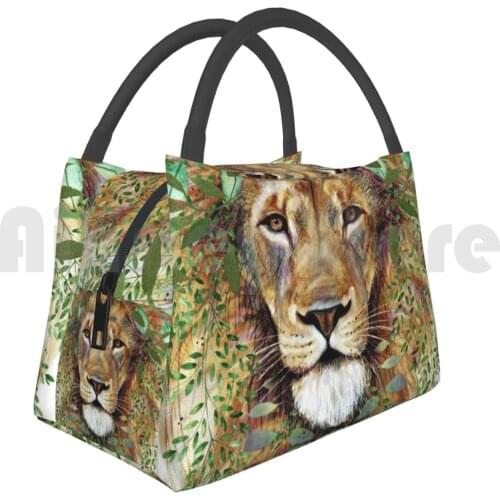 Cooler Lunch Bag Picnic Bag Watercolor Lion , Green Nature Leaves , Hand Painted Watercolor Lion Green Nature Leaves