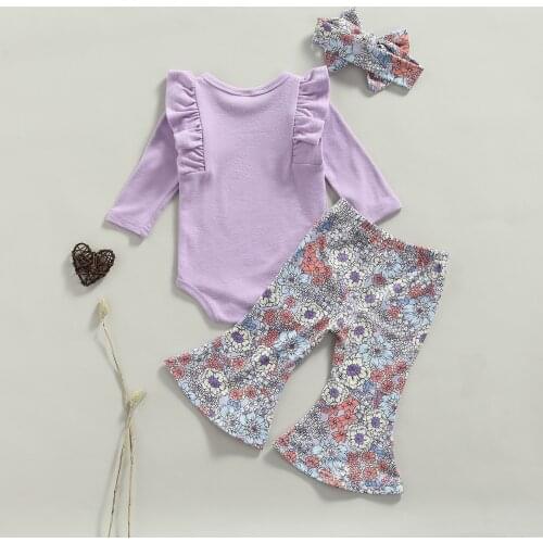 Spring Autumn Baby Girls Clothes Set Purple Long Sleeve Romper Flared Pants and Headdress Clothing