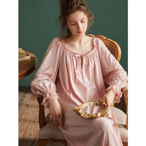 Hanxiuju Vintage Soft Cotton Long Nightshirts For Women Royal Princess Loose White /Pink Sleepwear Home Wear Plus Size