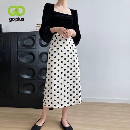 GOPLUS Skirt Korean Fashion Polka Dot Skirts Womens 2021 Vintage Midi Long Black Slit Beach Skirt Jupe Femme Rokjes Dames C11232