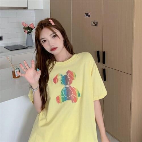 Top Rabbit Print Round Neck Short-sleeved T-shirt Women Summer New Style Korean Loose Thin Section All-match Top