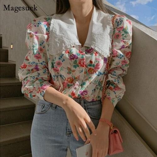 2021 Loose Doll Collar Casual Long Sleeve Ladies Shirt Korean Puff Sleeve Women Top Autumn New Floral Printed Women Blouse 13975