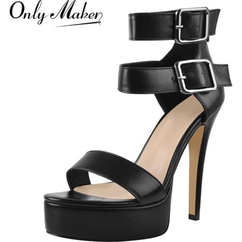 Onlymaker Summer Platform Sandals For Women Matte White Peep Toe Ankle Buckles Narrow Band Thin High Heels Shoes Zipper Big Size