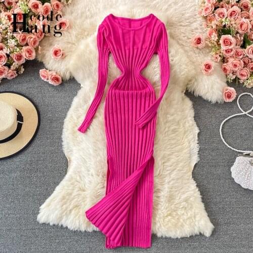 HangCode Vestidos Solid All Match O-neck Knitted Women Dress Bodycon Sexy Package Hips Stretch Split Sweater Dress Vestidos