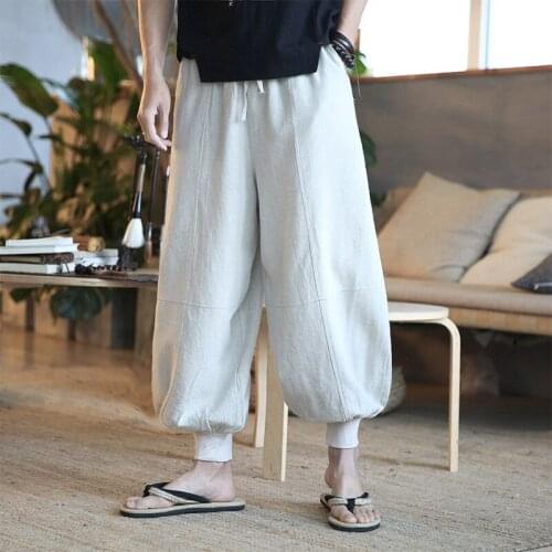 #2602 New 2019 Vintage Bloomers Pants Men Cotton Linen Big Size Loose Solid Color Elastic Waist Vintage Japanese Streetwear 5XL