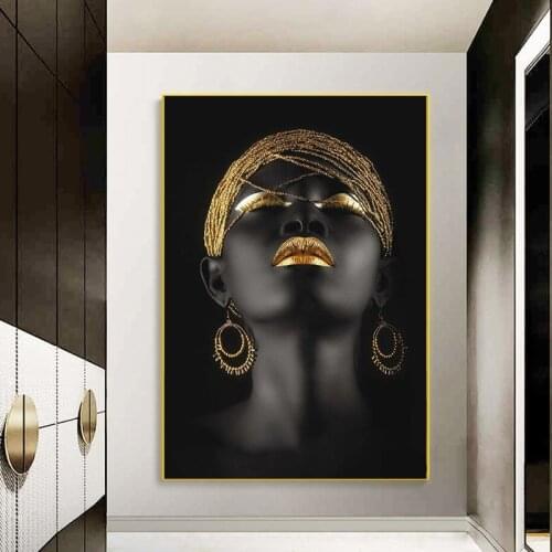 African Sexy Black Woman Canvas Art Posters and Prints Girls with Golden Headdress Canvas Paintings on The Wall Art Pictures