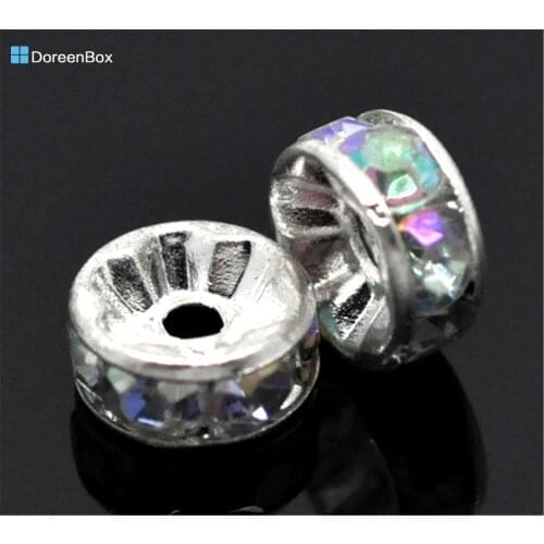 Doreen Box Silver Color Acrylic Clear AB Color Rhinestone Rondelle Spacers Beads 8mm*3.7mm, 100 PCs Jewelry Findings Accessrioes