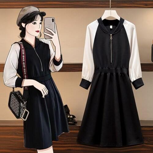 EHQAXIN Large Size Women Patchwork Long Sleeve Sports Dresses Autumn 2021 Fashion Casual Loose Collect Waist A-Line Short Dress
