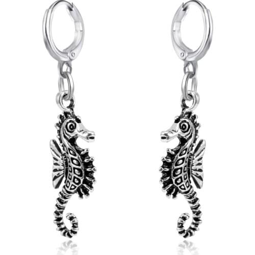 GEOMEE 1Pair Sea Horse Pandent Earrings for Women Vintage Antique Metal Charm Small Hoop Earrings Cute Small Animal Pendientes