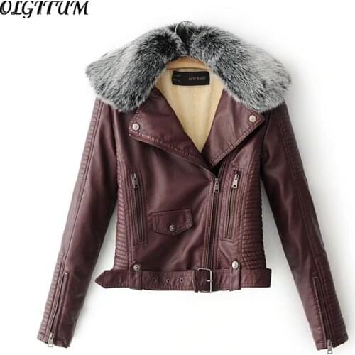 Hot 2019 Winter New Fashion motorcycle jacket thicken warm outwear Women fur collar stitching PU leather zipper jacket coat