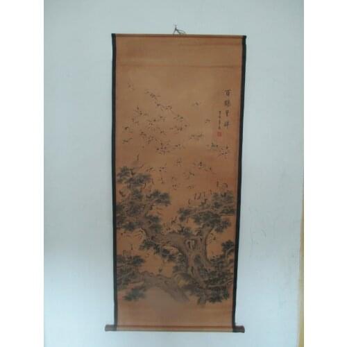 Home wall decoration painting ,Chinese old paper scroll painting , "Hundred crane "
