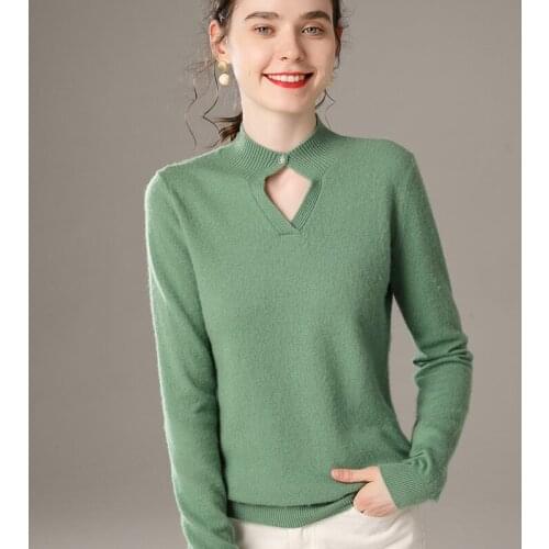 LHZSYY Pure Wool Sweater Women' Half High Collar One Button Short Bottoming Shirt 2020 Autumn Winter New Loose Cashmere Pullover