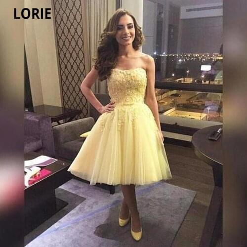 LORIE 2020 Lace Appliques Beading Short Homecoming Dresses Yellow Sleeveless Sweetheart Tulle Cocktail Dress Formal Prom Gowns