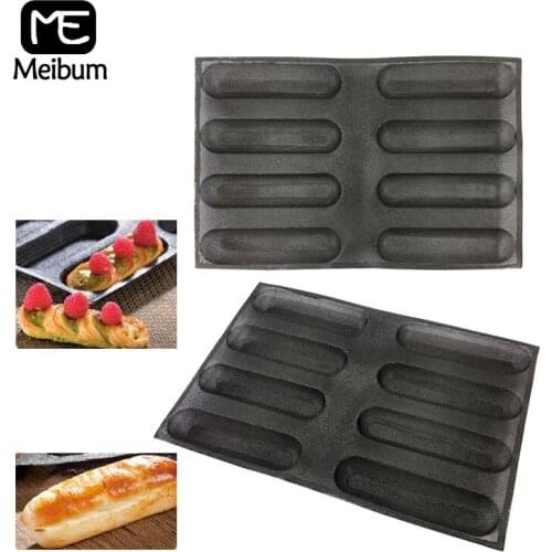 Meibum 8 Cavity Black Porous Silicone Mold Hot Dog Long Loaf Bread Modle Baguette Eclair Puff Tray Non Stick Bakeware Baking Pan
