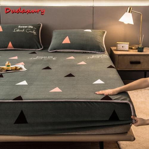 Fashion Printing Thick Mattress Cover Crystal Velvet Fitted Sheet Warm Double Bed Cover Breathable Queen King Dust Cover