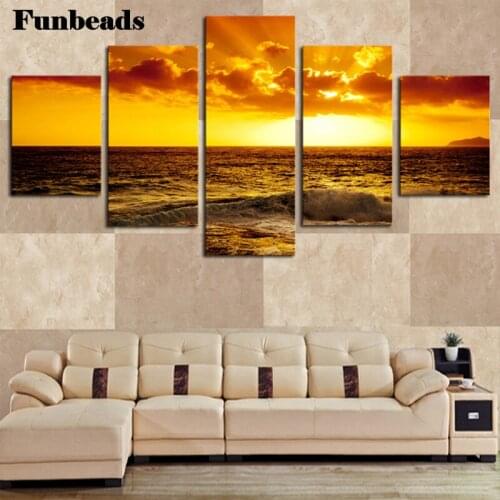 5 Panels DIY diamond embroidery square round Sunset seascape diamond painting cross stitch kit 3d mosaic stickers decor FF394
