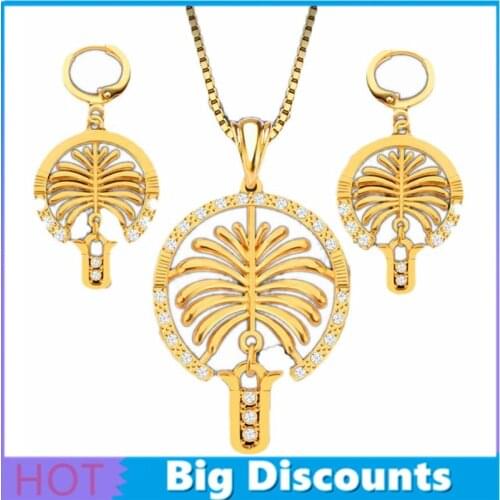 2pcs/Set Fashion Jewelry Set Dubai Palm Leaf Pendant Necklace Earrings Middle East Jewelry Bohemian Beach Style