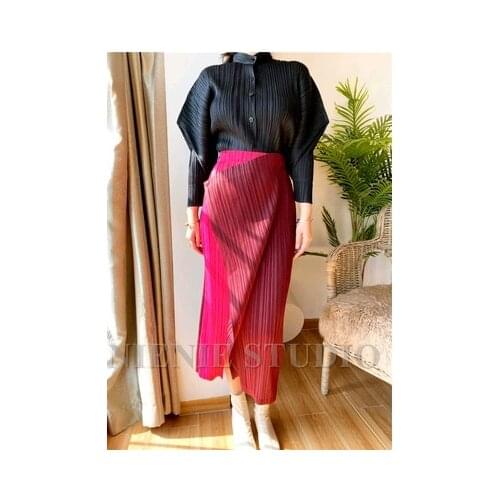 HOT SELING Miyake fashion fold patchwork twill skirt design waist Double layer straight skirt IN STOCK