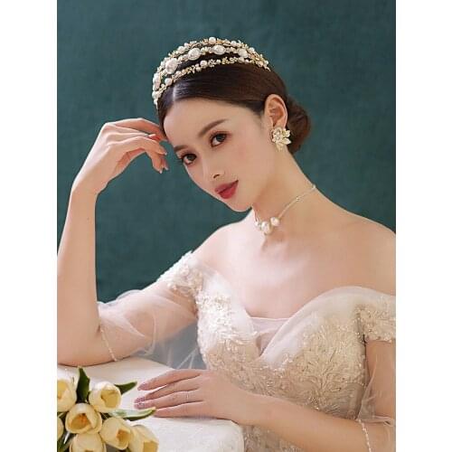 NiuShuya Luxury Women Big Pearl Crowns & Tiaras Handmade Jewelry Tiaras 3 laryers Party Bridal Head Wedding Hair Accessories
