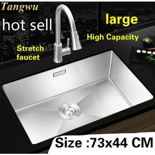 Free shipping Apartment kitchen manual sink single trough stretch faucet do the dishes 304 stainless steel hot sell 730x440 MM