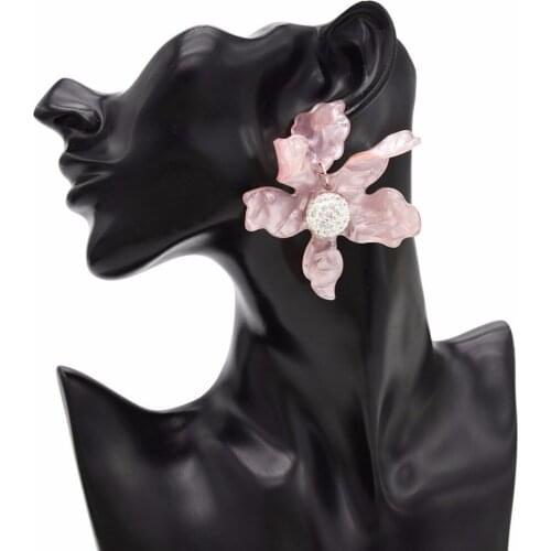 New Fashion Bohemian Pink Black Red Big Flower Drop Earrings for Women Resin Statement Wedding Charm Earring Rhinestone Jewelry