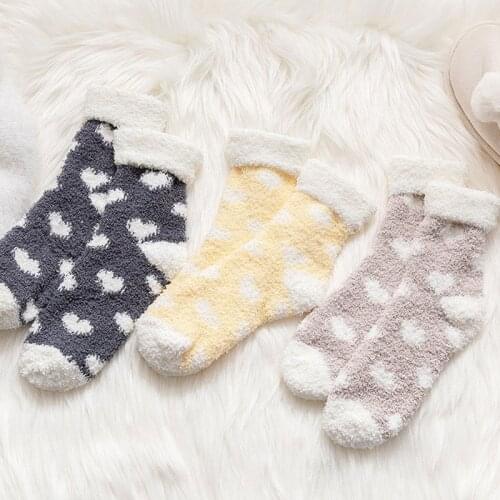 Coral Fleece Winter Thick Warm Soft Sleep Socks New Trendy Womens Korean Love Heart Print All-Match Stretch Non-Slip Floor Sock