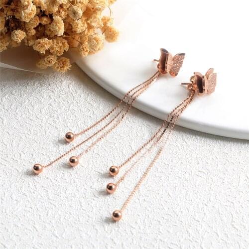 Top Quality Stainless Steel Rose Gold Color Butterfly Decorating Elegant Simple Tassel Handing Drop Earrings for Women Jewelry