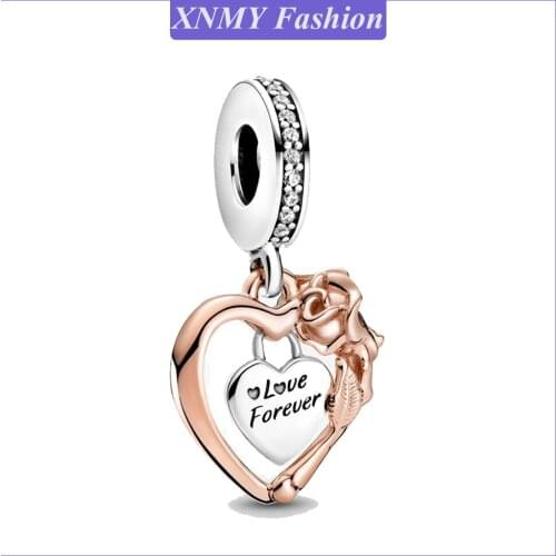 XNMY Love Forever Beads Rose Gold Color Heart Rose Flower Dangle Charm Beads Fit Pandora Bracelet Necklace Diy Women Jewelry Gif
