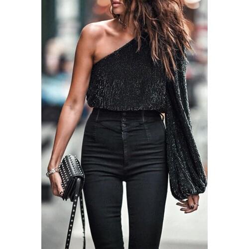 2020 Sexy Tied Backless One Shoulder Sequins Blouse Women Solid Color Lantern Sleeve Clubwear Blouse Lace Up Women Shirts Tops