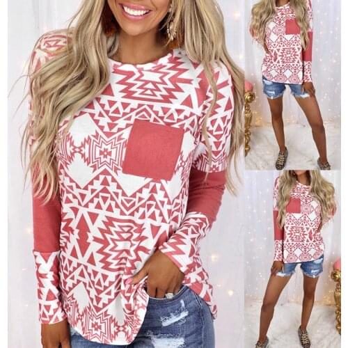 2021 Spring Summer New Stitching Fashion Classic Printing Loose T-shirt Long-sleeved Round Neck Pocket Casual Top T-shirt Women