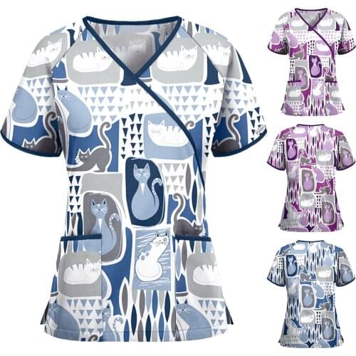 Women Short Sleeve V-neck Working Uniform Cartoon Cats Personalized Printing Daily Shirt Top Working Uniform T-Shirt Carer Top