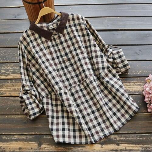 6669 New autumn Women Shirt vintage Literary Cotton linen Plaid Turndown Collar Long Sleeve Shirt Tops Women