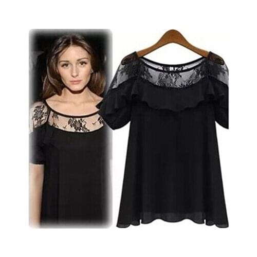 New Fashion Ladies' chiffon lace hollow out blouses short sleeve o-neck OL Shirts casual slim brand designer tops