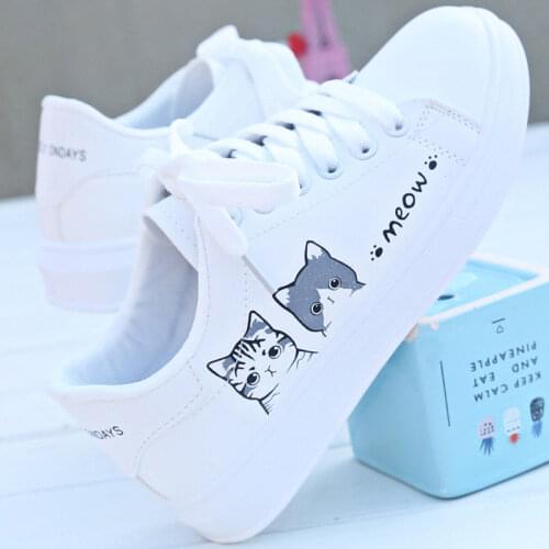 New Arrival Fashion Lace-up Women Sneakers Women Casual Shoes Printed summer Women Pu Shoes Cute Cat Canvas Shoes934