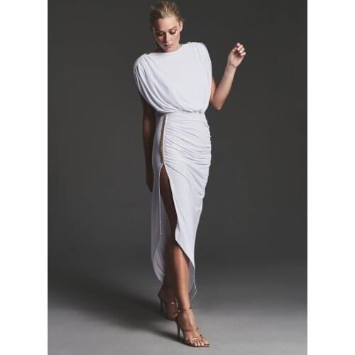 Women Sexy O Neck Black White Sleeveless Side Slit Spandex Satin With Zipper Back Knee Length Prom Dresses