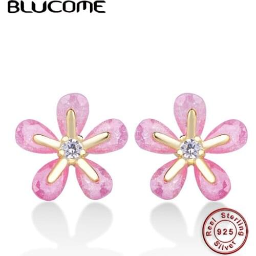 Blucome Fashion Silver Color Flower Earrings Shiny Pink Zircon Jewelry Women Girls Wedding Party Ear Decorations Gifts