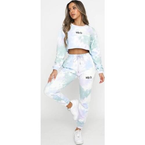 2 Pieces Suit Womens Tie-Dye Round Neck Long Sleeve Pullover Crop Top Elastic Drawstring Trousers Fashion Casual Sports Outfits