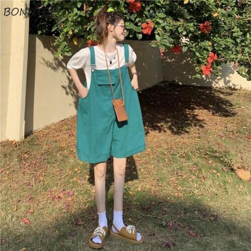 Sets Women Korean Style Loose Simple Straight Overalls Rompers Summer Short Puff Sleeve Solid Crop Tops Two Piece Outfits Trendy