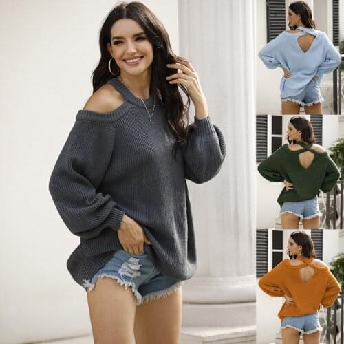 2021 Autumn Spring Crew Neck Stylish Off The Shoulder Long Sleeve Women Winter Knitted Pullover Sweaters Sexy Jumpers