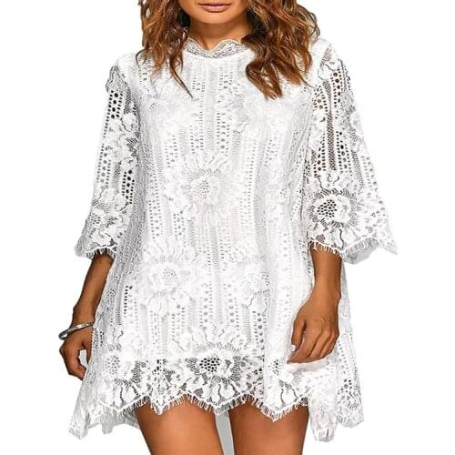 European Style Women Summer Fashion Sexy Lace Hollow Out Asymmetrical Party Dress Vintage O-neck Half Sleeve Elegant Dress