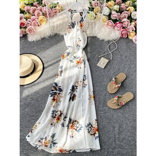 Bohemian Summer Beach Women Halter Long Dress White Sexy Sleeveless High Waist White Chiffon Maxi Vestidos 2020 Robe