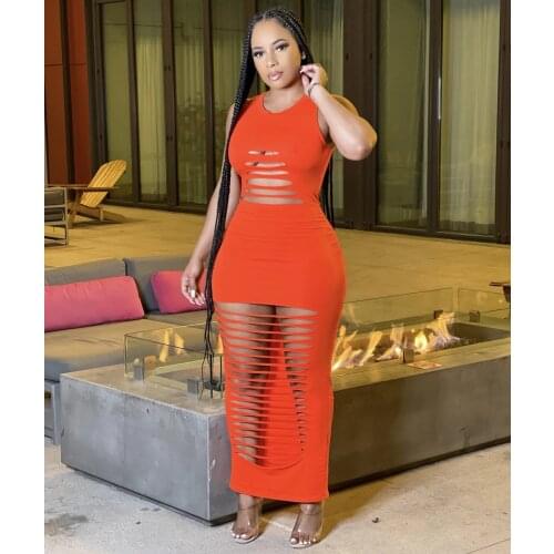Elegant Hollot Out Slim Long Maxi Dress for Women 2021 Summer Casual Streetwear O Neck Sleeveless Clubwear Skinny Dress Robe