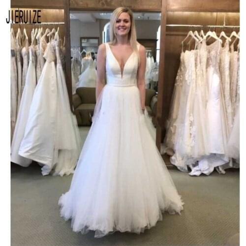 JIERUIZE White Sexy Tull Sleeveless Wedding Dresses Deep V Neck Backless Bridal Gowns vestido de noiva