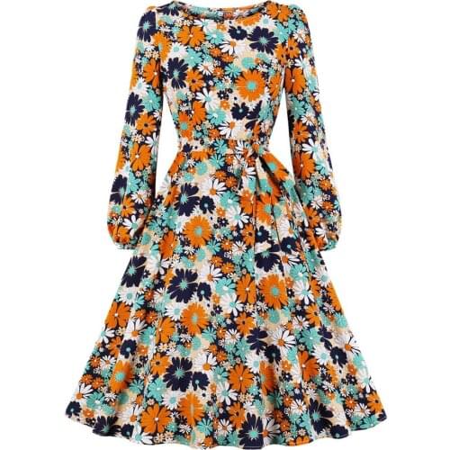 Casual Lady Long Sleeve Floral Print Dress Sweet Girl O-Neck High Waist A-Line Vintage Dress SP1270
