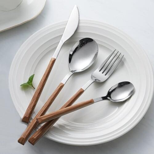 16piece Stainless Steel Cutlery Set Glossy Wooden Silver Dinnerware Sets Tableware Western Food Knife fork Teaspoon Cutleries